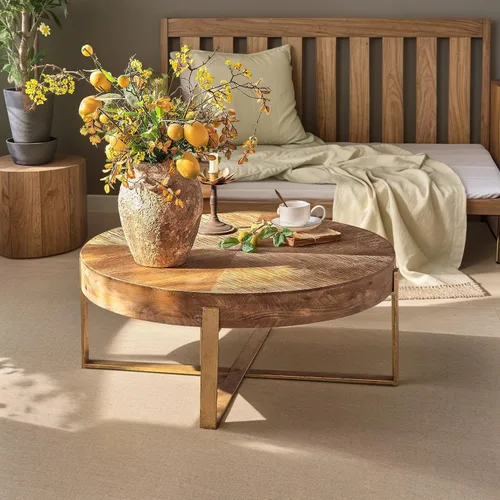 Vista 4 de Mesas de centro redondas de madera para sala de estar, mesa de centro redonda moderna de mediados de siglo con patas de metal dorado, mesa de centro