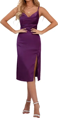 Vista 5 de LYANER - vestido de satén, para mujer, sin mangas, a media pierna con cuello drapeado, holgado y tirantes delgados, estilo camisola, con abertura
