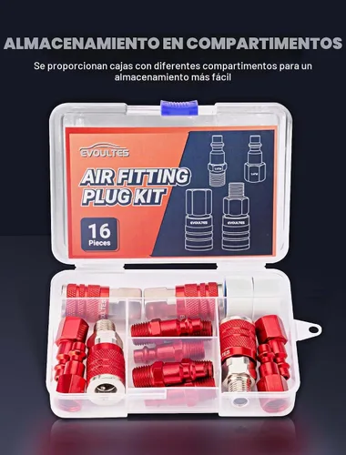 Vista 5 de EVOULTES 16 Piezas Juego Universal de Accesorios y Acoplado de Manguera de Aire de 1/4" NPT, Aluminio Ligero Con Enchufe de Conexión Rápida