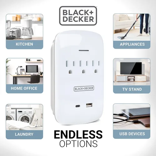 Vista 4 de BLACK+DECKER Protector contra sobretensiones de montaje en pared, 3 tomas, 2 puertos USB Carga USB-C, luz indicadora, apagado automático, diseño