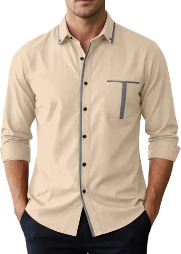 Vista 9 de Camisas de manga larga de algodón vintage para hombre, estilo casual, con botones, cuello en contraste