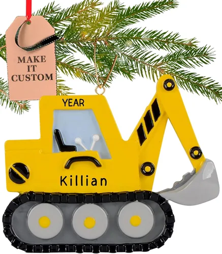 Vista 10 de Adorno personalizado de excavadora 2026 Adornos de Navidad personalizados con láser grabados con láser para árbol Regalo de recuerdo de vehículo