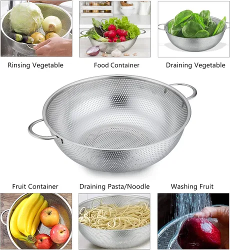 Vista 4 de P&P CHEF Colador de 3 coladores microperforados de acero inoxidable para drenar y enjuagar, ideal para pasta, verduras, frutas, resistente y apto