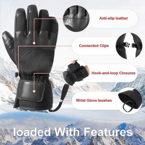 Vista 4 de Guantes de esquí para hombres y mujeres, guantes de nieve cálidos impermeables para clima frío, guantes de snowboard para pantalla táctil