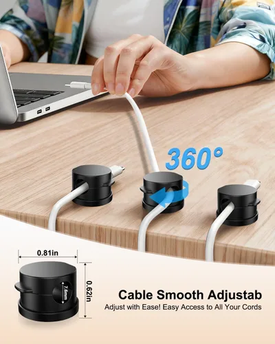 Vista 3 de OneLeaf Paquete de 12 clips de cable de resorte giratorios de 360° [1s bloqueo], soporte de cable adhesivo para mesita de noche, soporte de cable