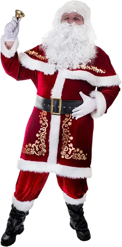 Vista 4 de Ahititi Disfraz de Papá Noel para hombre, juego de 12 piezas de terciopelo rojo de lujo para fiesta de Navidad, cosplay para adultos, Rojo