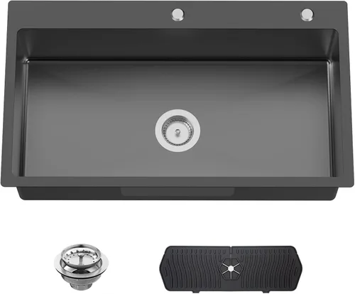 Vista 17 de Fregadero Negro de Cocina y Bar, Fregadero de Cocina de Acero Inoxidable de 15 x 17 Pulgadas para Empotrar, Fregadero de Bar Moderno de Un Solo