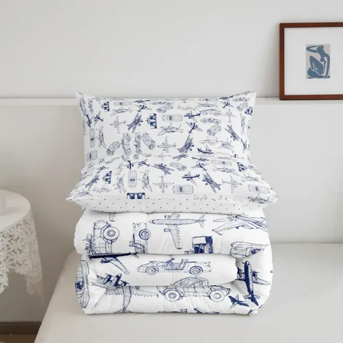 Vista 3 de Feelyou Juego de ropa de cama con estampado de aviones para niños y niñas, juego de funda de edredón de microfibra estilo boceto azul y blanco