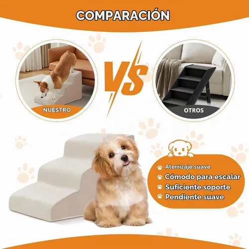 Vista 4 de Escaleras de perro para cama, escaleras para perros pequeños, rampa para perros de 2 peldaños para cama, sofá, sillón y sillas, diseño Beige