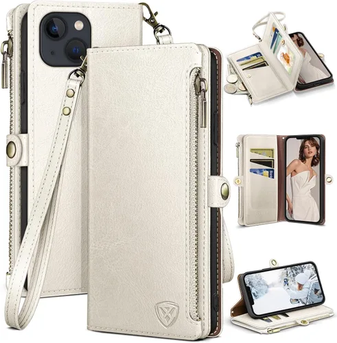 Vista 13 de XcaseBar Funda tipo cartera para iPhone 14 Plus de 6.7 pulgadas con cremallera y tarjetero de crédito [bloqueo RFID], funda de piel sintética
