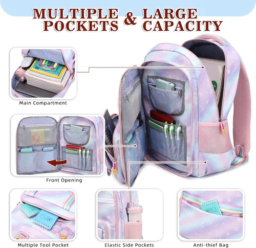 Vista 3 de Mochila escolar para niñas, mochila para computadora portátil, mochila escolar linda para niños y jardín de infantes, mochilas grandes para mujeres