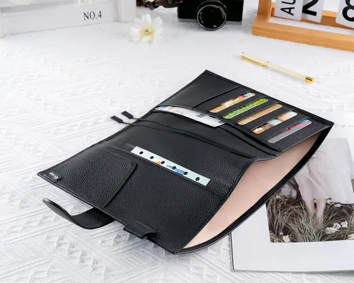 Vista 4 de A5 Funda de cuero para planificador de Hobonichi Cousin, Stalogy, Midori, Leuchtturm1917, y más - con presilla para bolígrafo, ranuras para Negro