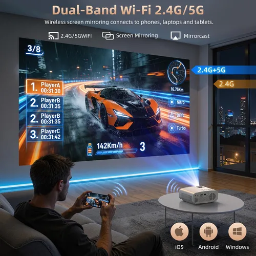 Vista 2 de Proyector WiFi 5G con Bluetooth, proyector de películas para exteriores nativo 1080P (pantalla de proyector y trípode incluidos), mini proyector