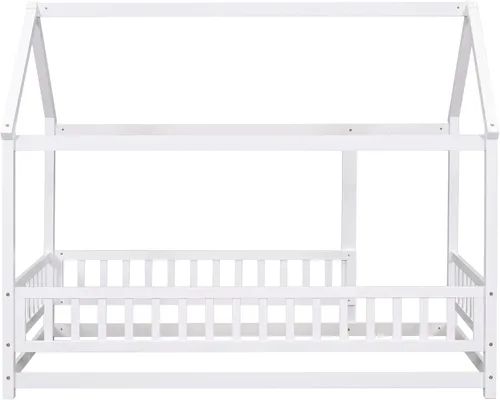 Vista 7 de LLS Base de cama individual con techo, cama Montessori de madera con valla, cama de casa para dormitorio de niños y niñas, blanco, blanco + pino