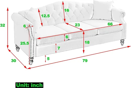 Vista 2 de Sofá Chesterfield de terciopelo gris de 79 pulgadas para sala de estar, 2 piezas, sofá de 3 plazas, con botones copetudos, respaldo curvado, brazos
