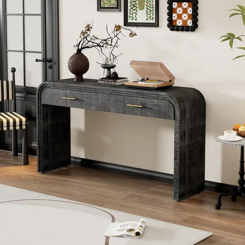 Vista 15 de LUMISOL Mesa consola geométrica tallada con 3 cajones, mesa de sofá de granja detrás del sofá con almacenamiento y detalles de patas acanaladas