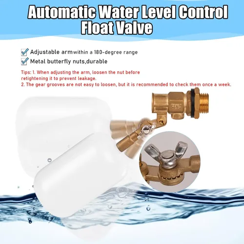 Vista 7 de Válvula de flotador de latón de 1/2 pulgada, 2 piezas, válvula de control de nivel de agua con brazo ajustable, 60 PSI, llenado y cierre automático