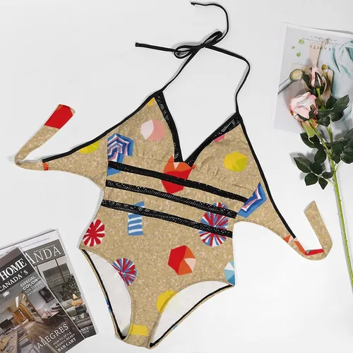 Vista 6 de Umbrellas and Windsurf Board Women's One Piece Swimsuits V-Neck Bathing Suits Open Back Beach Swimwear