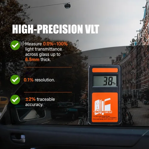 Vista 3 de Medidor de tinte, medidor de tinte de ventana de 2 piezas, 0.0% a 100% VLT con ± 2% de precisión rastreable, calibración automática, batería