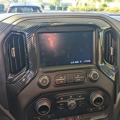 Vista 2 de Kit de tablero de consola central de fibra de carbono para Chevy Silverado/GMC Sierra 1500 2500 3500 2019-2026 (juego de 8 piezas)