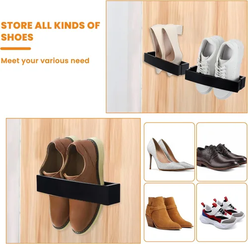 Vista 6 de Zapatero ajustable montado en la pared con tiras adhesivas para colgar, organizador de almacenamiento de plástico para zapatos, perchas para zapatos