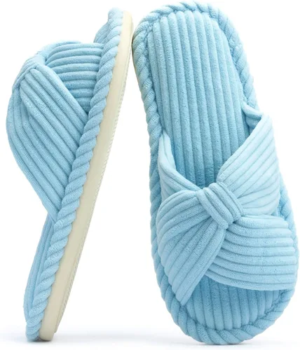 Vista 13 de Chantomoo Pantuflas para mujer, de espuma viscoelástica, para el hogar, dormitorio, baño, spa, puntera abierta, con lazo de pana, acogedoras