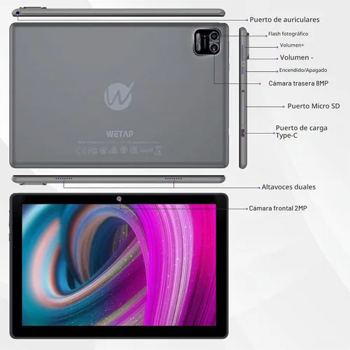 Vista 7 de WeTap Tablet Tablet Android de 10 pulgadas, tableta Android 12, 3 GB de RAM 64 GB ROM, cámara de 2 MP+8 MP, 1280 x 800 IPS, tabletas con procesador