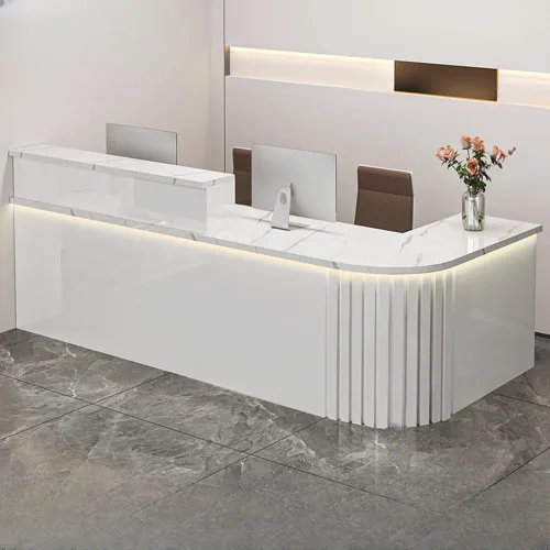 Vista 8 de LITFAD Recepción de computadora en forma de L - Escritorio de recepción de madera fabricada con gabinete, gestión de cables y bandeja para teclado