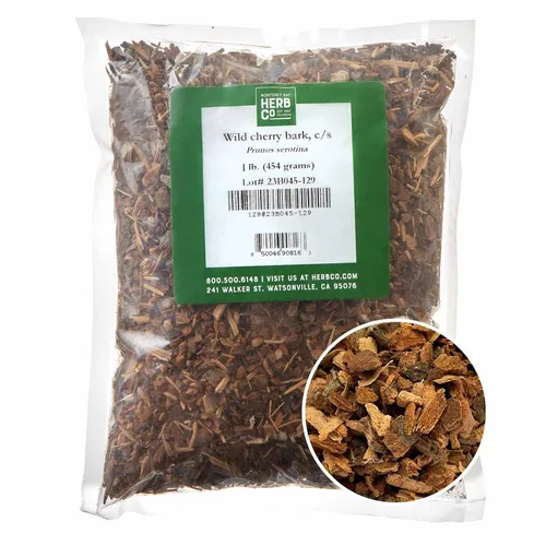 Vista 2 de Corteza de cereza silvestre cortada y tamizada, por Herb Co, Prunus Serotina, de los Estados Unidos, Kosher, para jarabe tradicional, té y tinturas