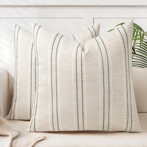 Vista 15 de AELS Fundas de Almohada Decorativas de Lino Estilo Granja de 16x16, Funda de Almohada con Textura Boho, Juego de 2, Beige con Rayas de Hilo Teñido