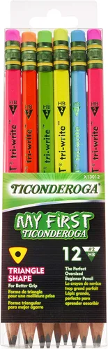 Vista 2 de Ticonderoga My First Tri-Write - Lápices con carcasa de madera, colores neón, 12 unidades (X13012) My First Pencils, carcasa de madera suave