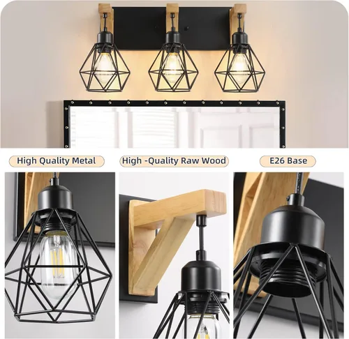 Vista 9 de VbiTmn Lámparas de baño de granja, 3 luces de tocador de baño, accesorios de iluminación rústica sobre el espejo, apliques de pared con elegante