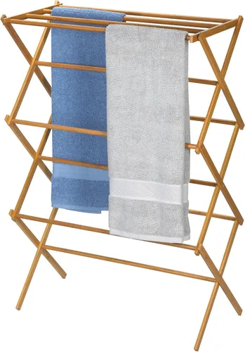 Vista 6 de Household Essentials Estante de secado de ropa plegable de bambú, estante de lavandería de lujo con 11 clavijas, respetuoso con el medio ambiente
