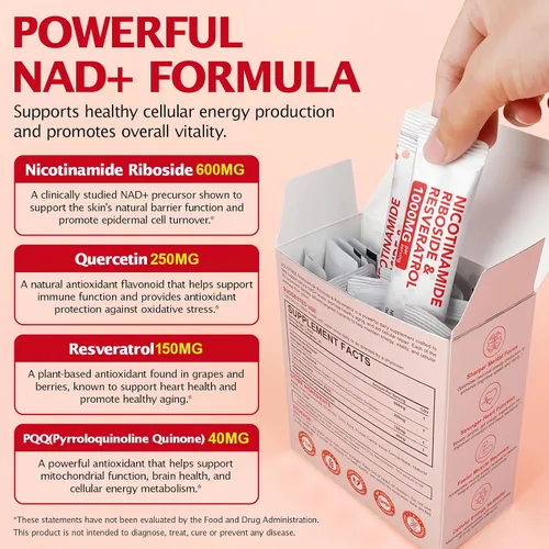 Vista 4 de Suplemento NAD+ 1000 mg paquetes líquidos 21 piezas, resveratrol de ribósido de nicotinamida, suplementos NAD para mujeres y hombres