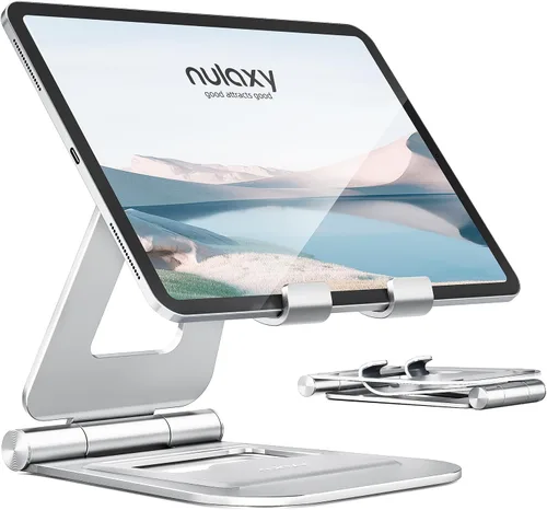 Vista 7 de Nulaxy Soporte plegable doble de aluminio para iPad, soporte para tablet de escritorio totalmente ajustable, accesorios para tableta de oficina