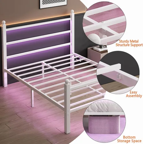 Vista 6 de CLIBFENG Base de cama individual con cabecera y estribo, listones de acero, base de cama LED con estación de carga USB, base de colchón