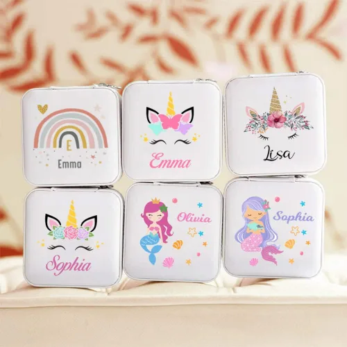 Vista 2 de Joyero de unicornio con diseño de sirena para niñas, caja de joyería con nombre personalizado para niña, caja de almacenamiento de joyas