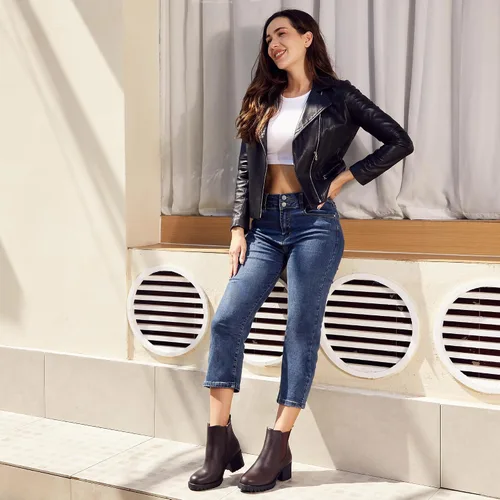 Vista 4 de JABASIC Botines Chelsea para mujer, tacón bajo y grueso, con plataforma elástica, sin cordones