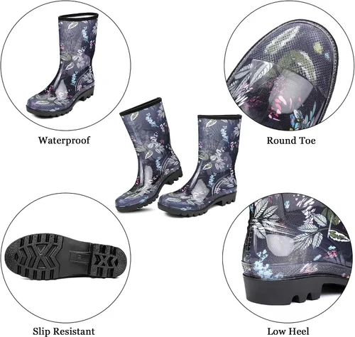 Vista 27 de DKSUKO Waterproof Womens Rain Boots insulated,Lightweight Rubber fashion Boots in Gardening,Warm and Comfortable Wide Calf Rain Boots with Glossy in