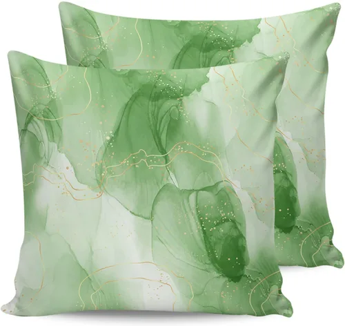 Vista 7 de Juego de 2 fundas de almohada impermeables con textura de mármol verde hierba, línea dorada, superposición, degradado, fundas de almohada para sofá