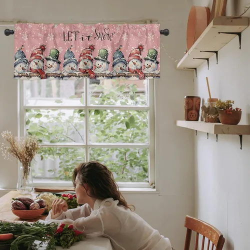 Vista 42 de Cenefa de cortina con lazo rojo de Navidad para ventanas, sala de estar, cocina, baño, granja, bolas de Navidad de acuarela con diseño de bayas