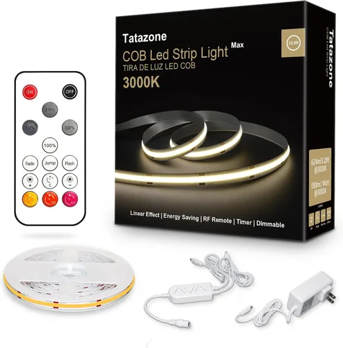 Vista 11 de Tatazone Tira de luces LED COB blancas Max con control remoto RF, 16.4 pies 2700K CRI93+ regulable, tira de luz COB blanca cálida ultra brillante