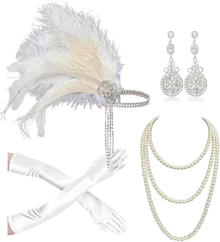 Vista 46 de Cizoe (aa) - Juego de accesorios de estilo Gatsby de la década de 1920, para mujer, diadema de estilo flapper, tocado, collar, guantes