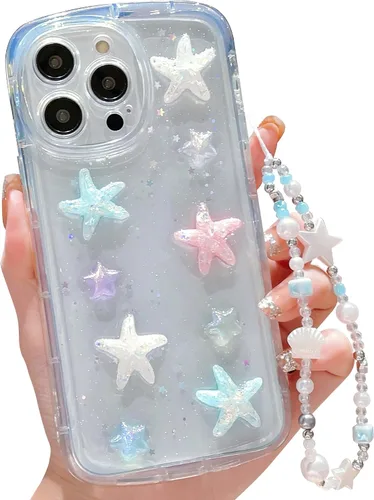 Vista 25 de Compatible con iPhone 11 Pro Funda Transparente Bonita con Diseño de Estrella con Purpurina en 3D con Perlas y Pulsera de Perlas, Diseño de Cadena