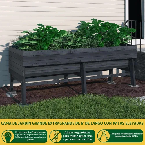 Vista 5 de MUPATER - Cama de jardín elevada de cedro de 6 x 3 x 2 pies para exteriores, cama de jardín elevada con patas, maceta elevada grande de 837 libras