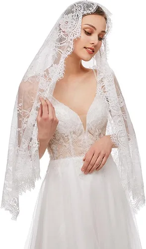 Vista 2 de Velo de mantilla de encaje, bufanda de encaje floral vintage, triángulo blanco, velo de boda, velos largos de capilla, iglesia católica de misa