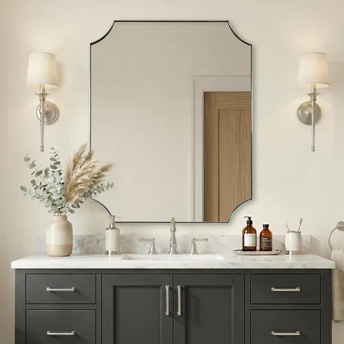 Vista 30 de ANDY STAR Espejo de baño de bronce cepillado, espejo festoneado de 24 x 36 pulgadas para baño, espejo rectangular de bronce antiguo con marco