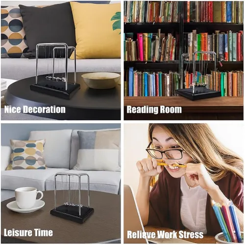Vista 5 de Cuna de Newton con Bolas de Equilibrio, Bolas Oscilantes con Base Negra, Accesorios de Física Científica para Adultos, Kit de Juguetes Antiestrés