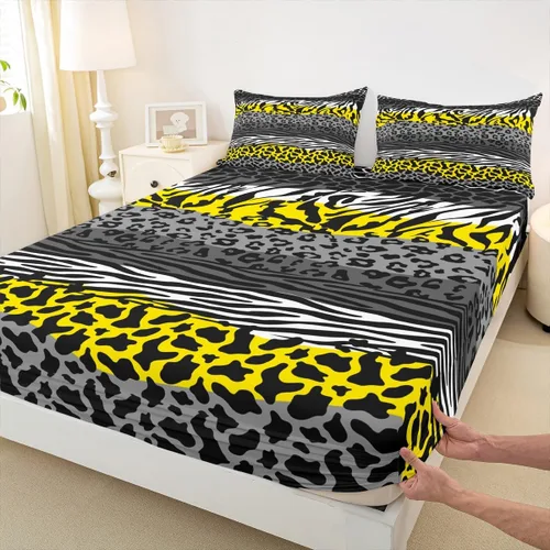 Vista 27 de Sábana bajera ajustable con estampado de leopardo, tamaño individual, juego de ropa de cama rústica con rayas de piel de cebra, decoración