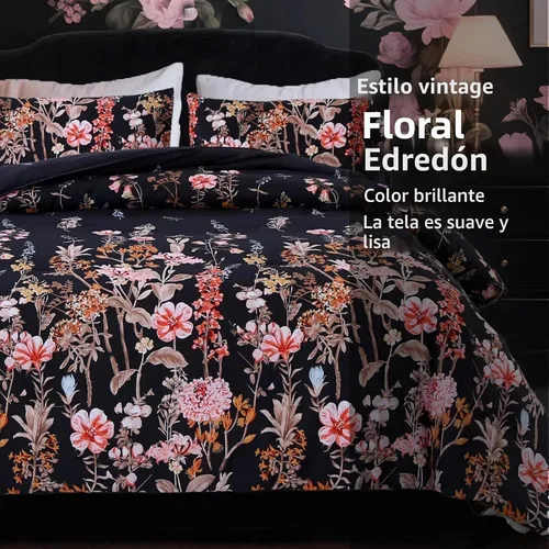 Vista 2 de MAG Juego de edredón floral de 3 piezas, tamaño individual, juego de ropa de cama de microfibra con estampado de flores negras, para todas